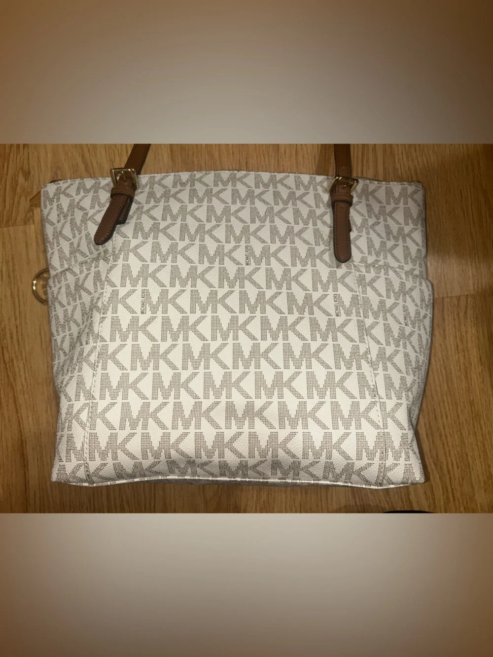 Michael Kors Cream Monogram Tote with Brown Leather Trim - Picture 2 of 5